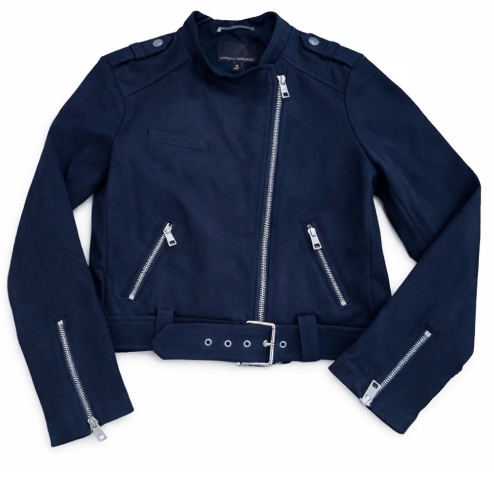 Banana Republic Vegan Suede Moto Jacket Dark Blue Women’s Size Small NWT Spring